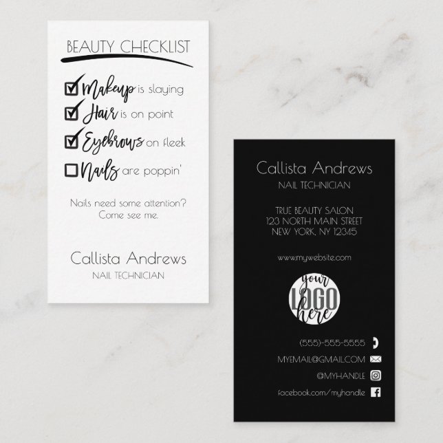 Nails Black White Beauty Checklist Business Logo Business Card (Front/Back)