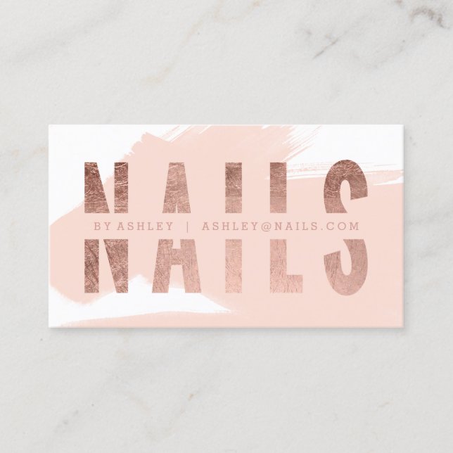 Nails cut out rose gold typography brushstrokes business card (Front)