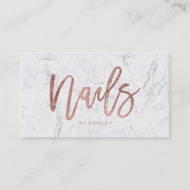 Nails elegant modern rose gold typography marble business card (Front)