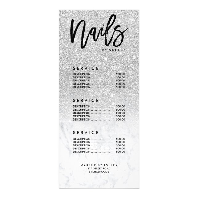 Nails faux silver glitter marble price list rack card (Front)