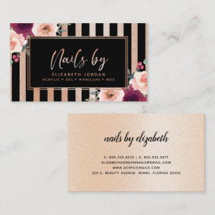 Nails Floral Black Rose Gold Glitter Business Card