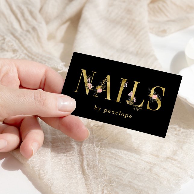 Nails | Gold Floral Typography on Black Business Card (Creator Uploaded)