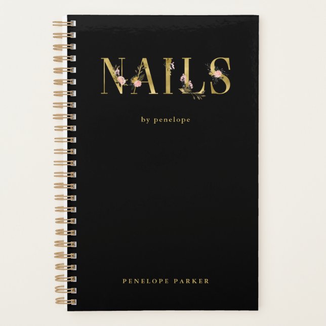 Nails | Gold Floral Typography on Black Planner (Front)