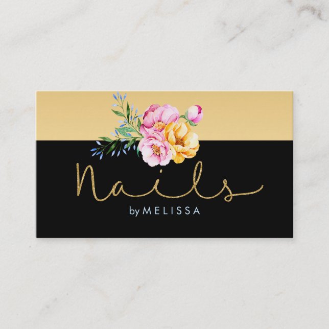 Nails Gold Glitter & Colourful Floral Bouquet Business Card (Front)