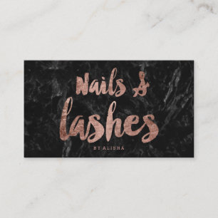 Nails Lashes faux rose gold script black marble Business Card