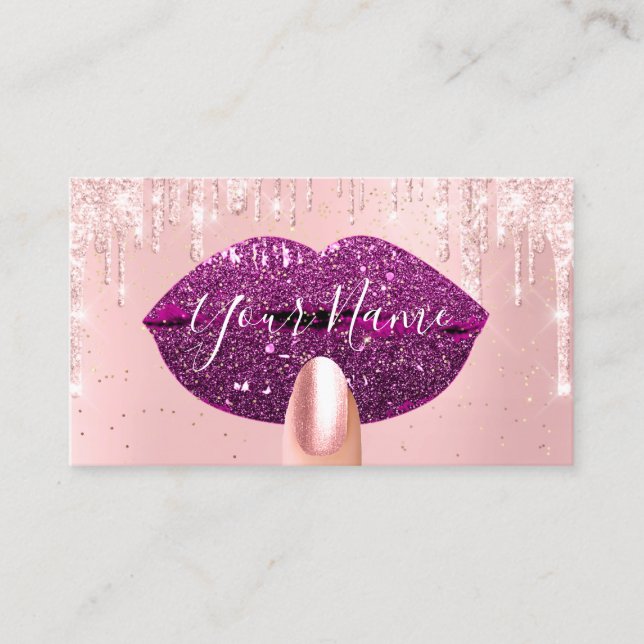 Nails Makeup Artist Pink Drips Kiss Lips Berry VIP Business Card (Front)
