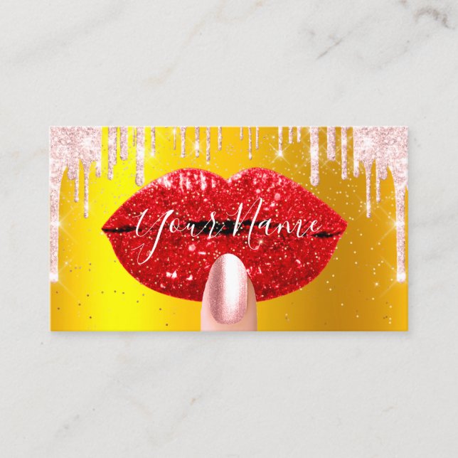 Nails Makeup Artist Pink Drips Kiss Lips Red Gold Business Card (Front)