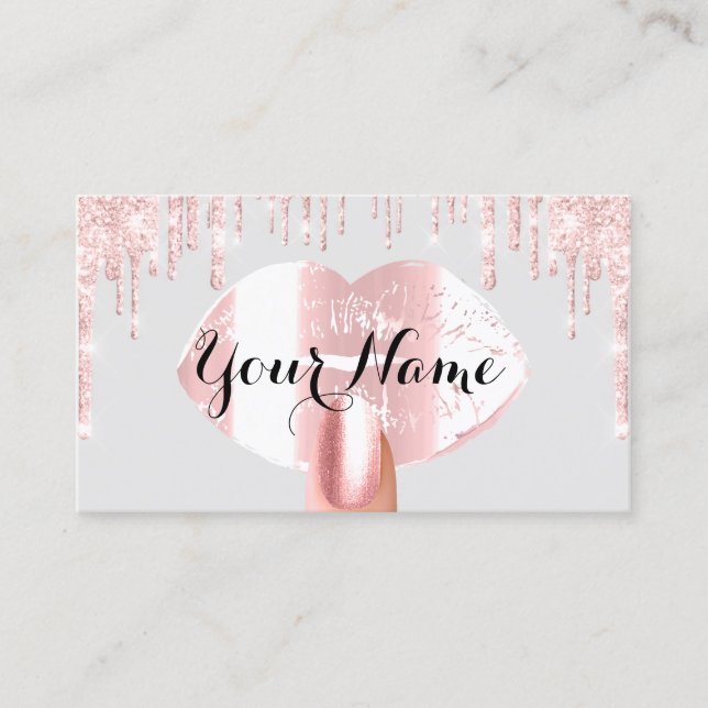 Nails Makeup Artist Rose Drips Grey Pink Kiss Business Card (Front)