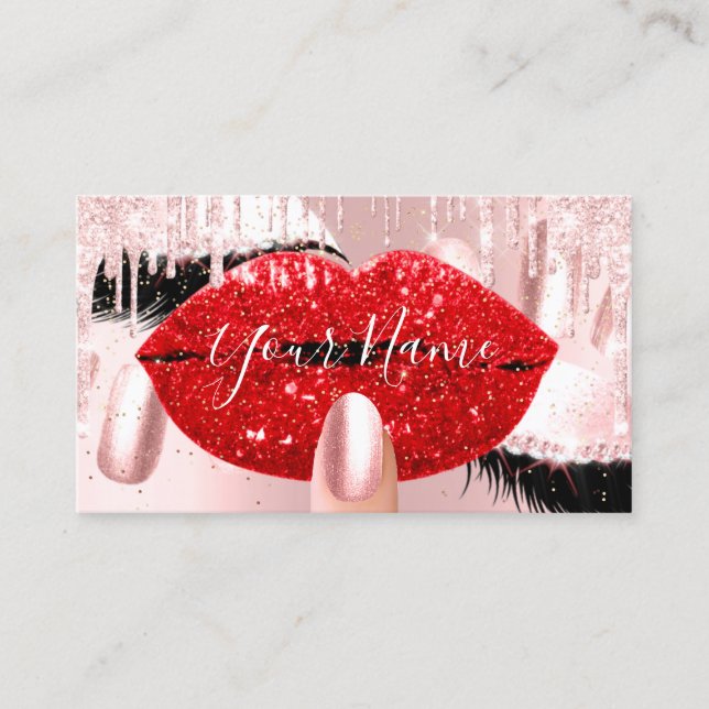 Nails Makeup Artist Rose Red Kiss Lips Pink Lash Business Card (Front)