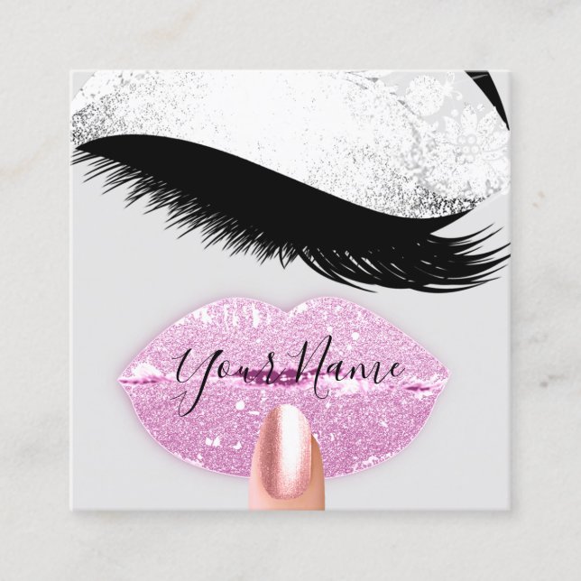 Nails Makeup Boutique Pink Grey Kiss Lips Lashes Square Business Card (Front)