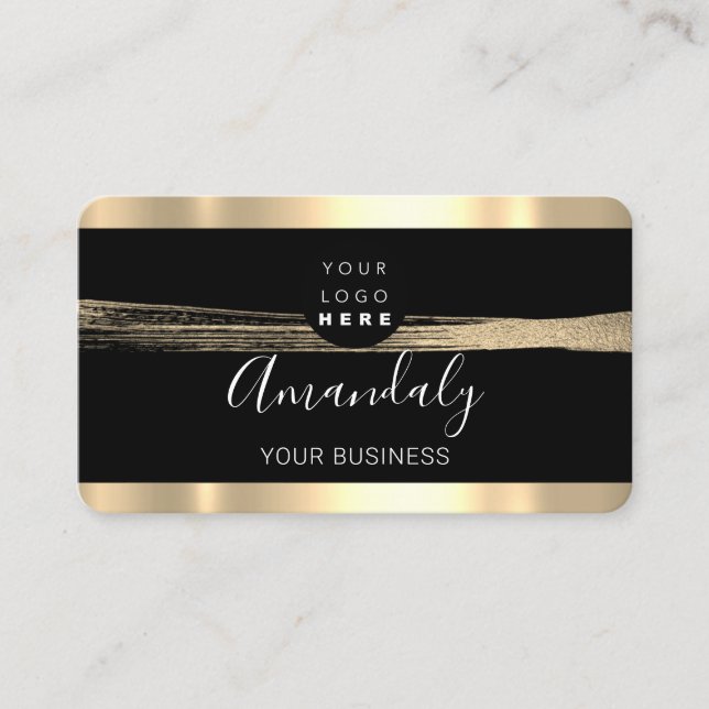 Nails Makeup Stylist Gold Black Stroke Logo Business Card (Front)