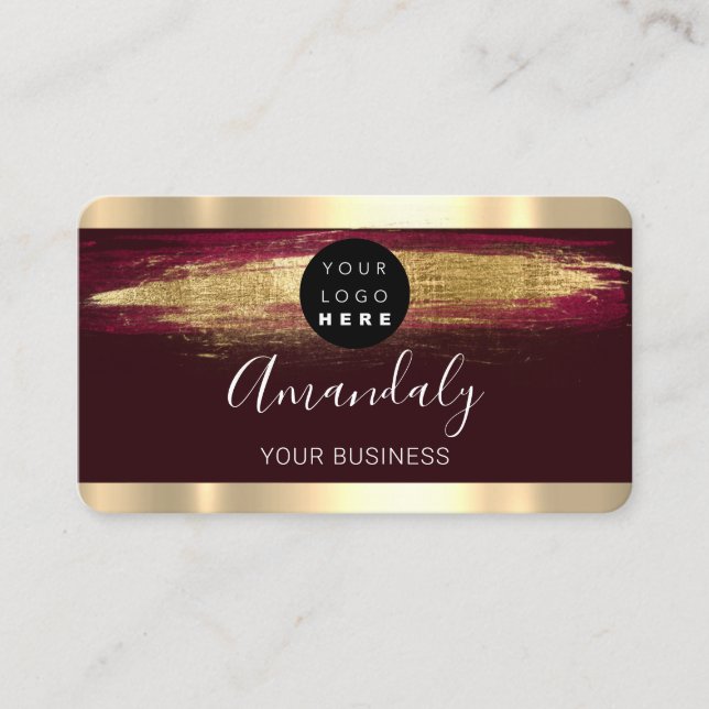 Nails Makeup Stylist Gold Burgundy Strokes Logo Business Card (Front)