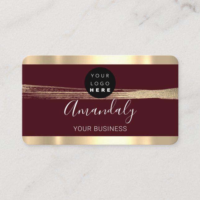 Nails Makeup Stylist Gold Maroon Stroke Logo Business Card (Front)