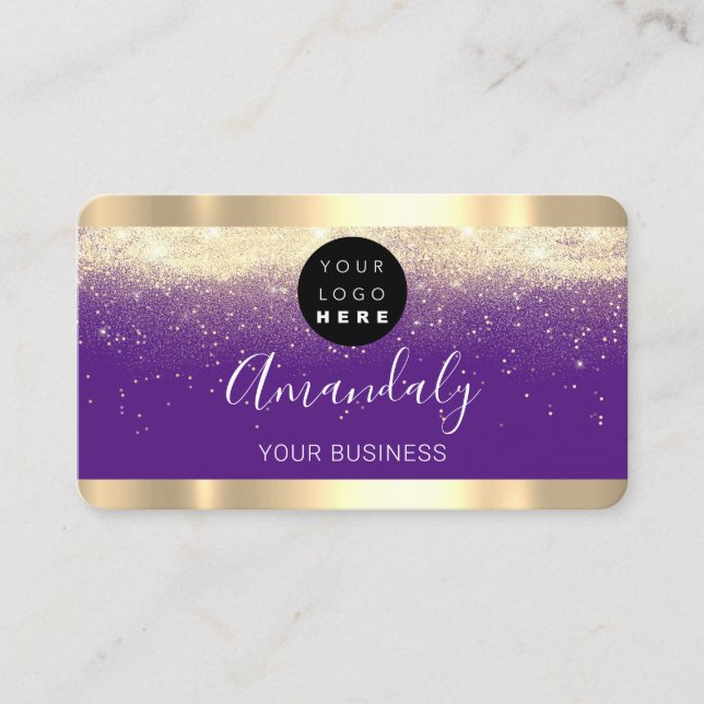 Nails Makeup Stylist Gold Purple Violet Logo Business Card (Front)
