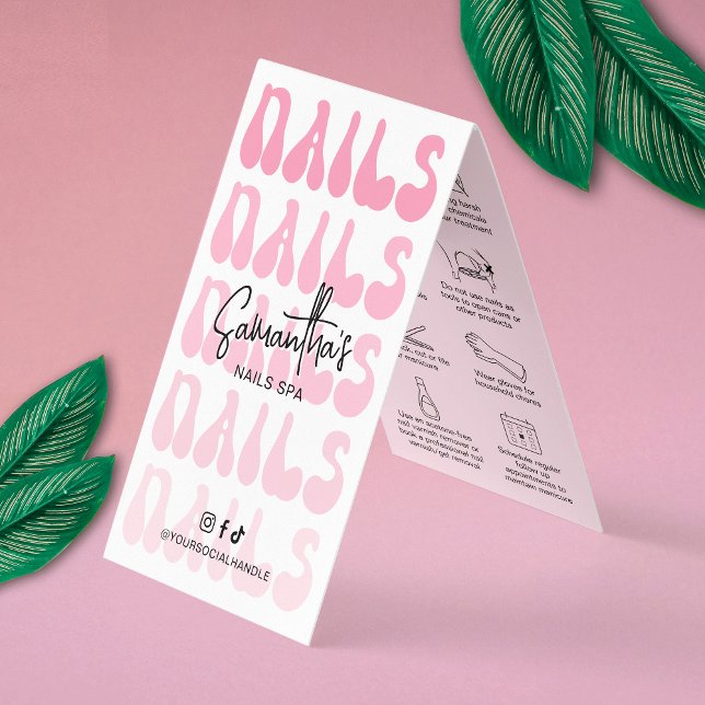 Nails Manicure Aftercare Retro Pink Logo Nail Spa Business Card (Trendy nails spa aftercare instructions cards with icons & space for your logo)