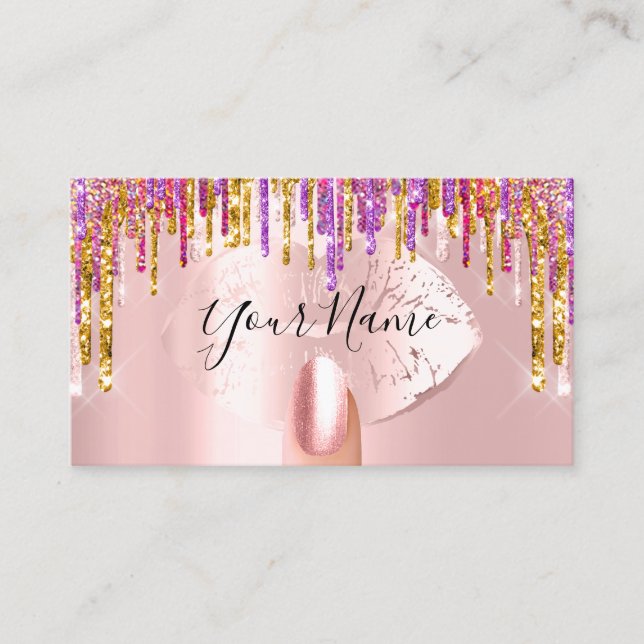 Nails Manicure Makeup Artist Rose Drips Gold Lips Business Card (Front)