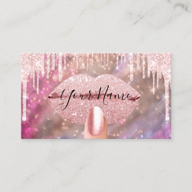 Nails Manicure Makeup Pink Rose Drips  Kiss Lips Business Card (Front)