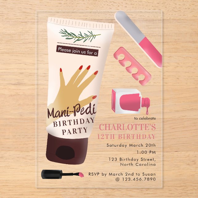 Nails Manicure Pedicure Mani Pedi Girls Birthday Acrylic Invitations (Front)