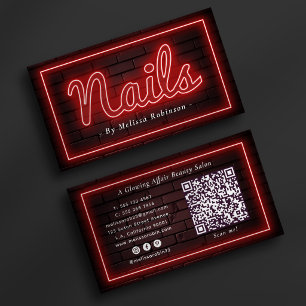 Nails Manicurist Red Neon & Brick Wall QR Code Business Card