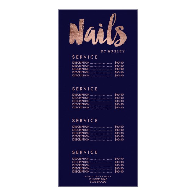 Nails modern gold typography navy blue price list rack card (Front)