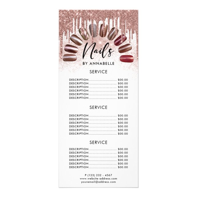 Nails Modern Rose Gold Price List Rack Card (Front)
