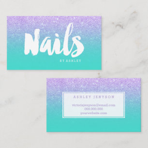 Nails modern typography lavender glitter turquoise business card