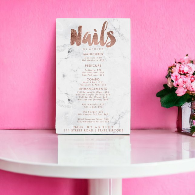 Nails price list typography pink white marble poster (Nails price list typography rose gold white marble poster)