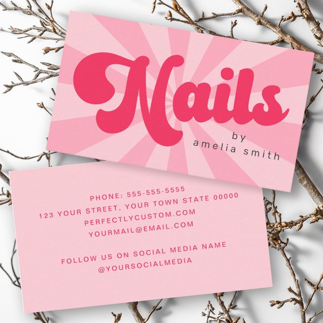 Nails retro pink or any colour sunburst  business card (Nails retro pink or any color sunburst business card)