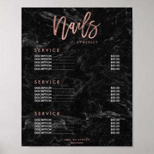 Nails rose gold script black marble price list poster