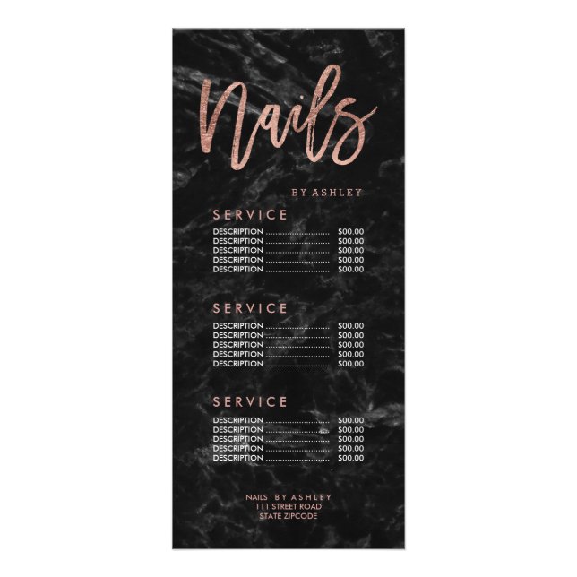 Nails rose gold script black marble price list rack card (Front)