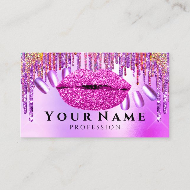 Nails Salon Manicure Drips Holograph Lips pink Business Card (Front)