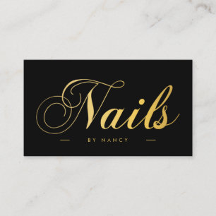 Nails Script Calligraphy Black & Gold  Business Card