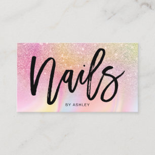 Nails script pink rainbow glitter chic marble business card