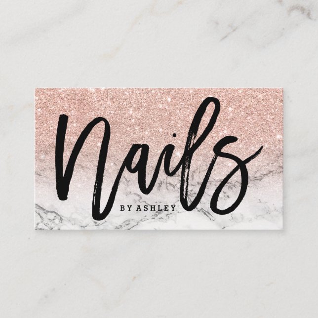 Nails script rose gold glitter marble business card (Front)