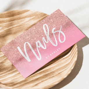 Nails script rose gold glitter pink watercolor business card