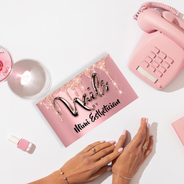 Nails Studio Artist Acrylic Drips Glitter Pink  Business Card (Nails Studio Artist Acrylic Drips Glitter Pink Business Card)