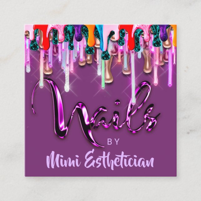 Nails Studio Artist Nails Script Logo Drips Purple Square Business Card (Front)