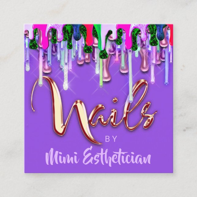 Nails Studio Artist Nails Script Logo Purple Drips Square Business Card (Front)