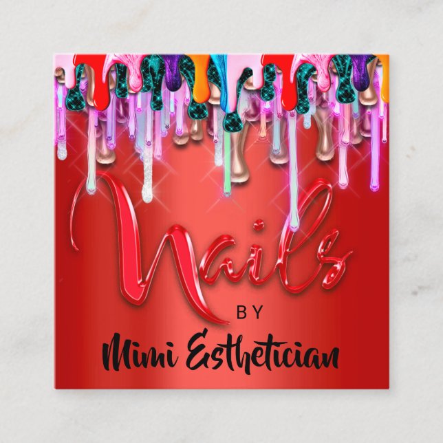 Nails Studio Artist Nails Script Logo Red Drips Square Business Card (Front)