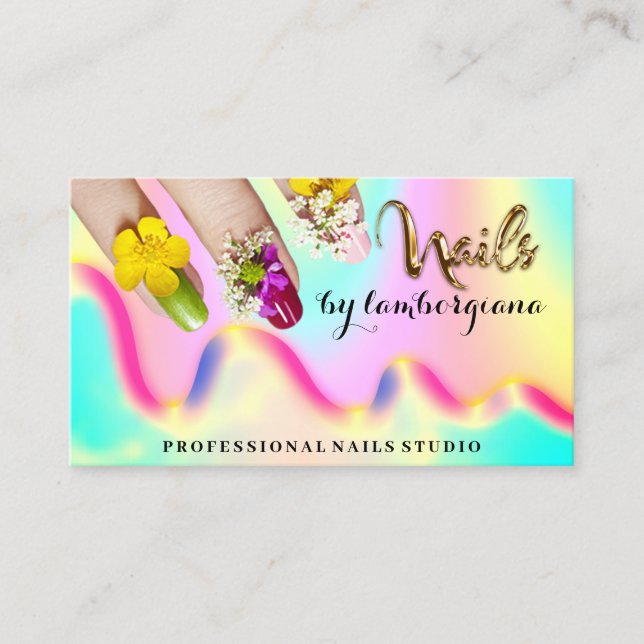 Nails Studio Logo Holograph QR Code Mermaid Gold Business Card (Front)