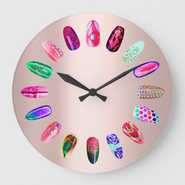 Nails Studio Pink Glam Nails Stylist Rose Large Clock (Front)