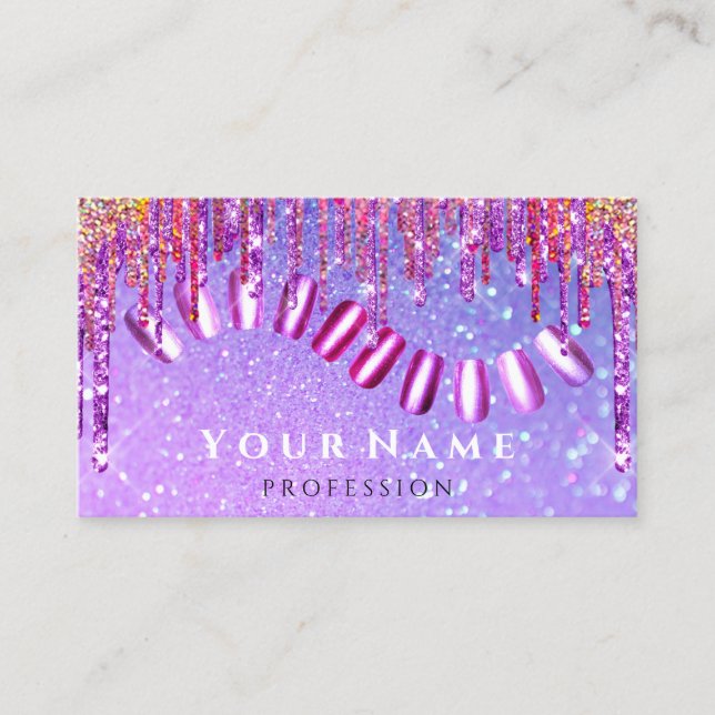 Nails Stylist Manicure Pink Drips Glitter Holograp Business Card (Front)