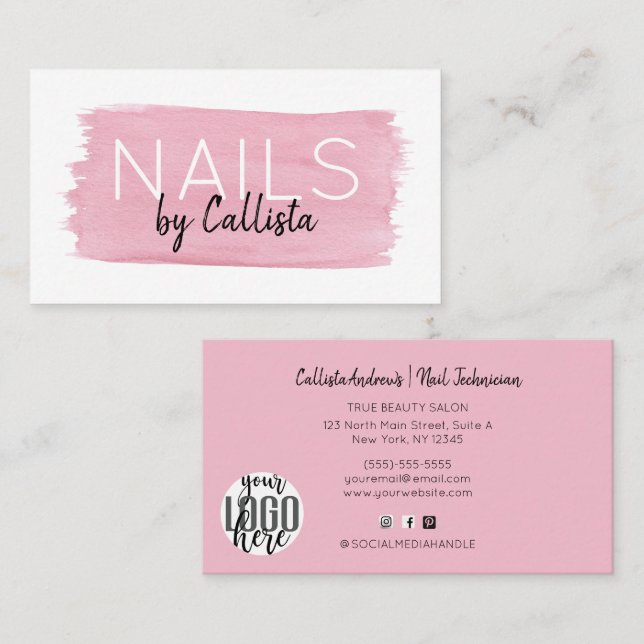 Nails Watercolor Brushstroke Signature Script Business Card (Front/Back)