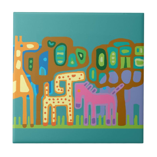 Naive art African animals Tile (Front)