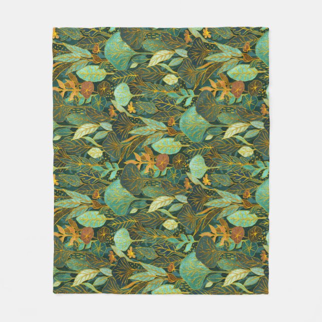 Naive Art Lush Garden Tapestry in Green and Blue Fleece Blanket (Front)