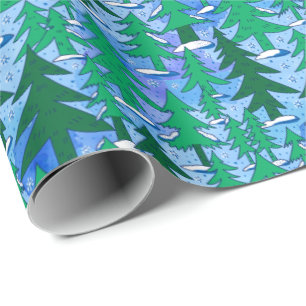 Naive Art Winter Spruce Forest Green Blue Wrapping Paper