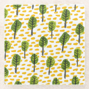 Naive Green Black Tree Pattern Glass Coaster