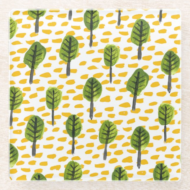 Naive Green Black Tree Pattern Glass Coaster (Front)