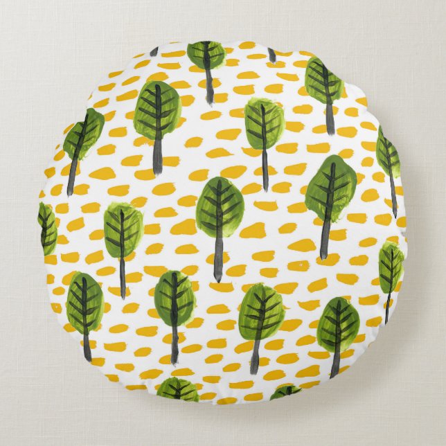 Naive Green Black Tree Pattern Round Cushion (Front)