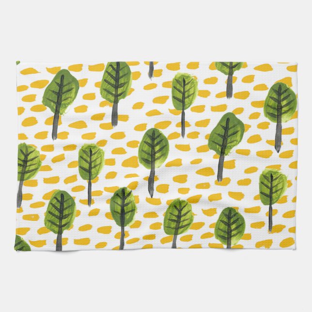 Naive Green Black Tree Pattern Tea Towel (Horizontal)